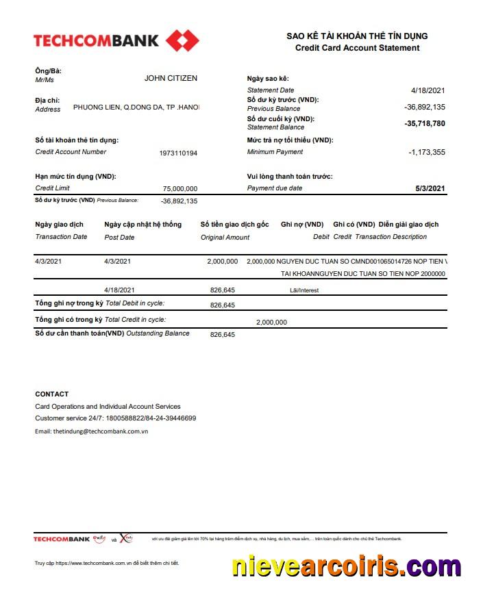 Vietnam Techcombank excel pdf